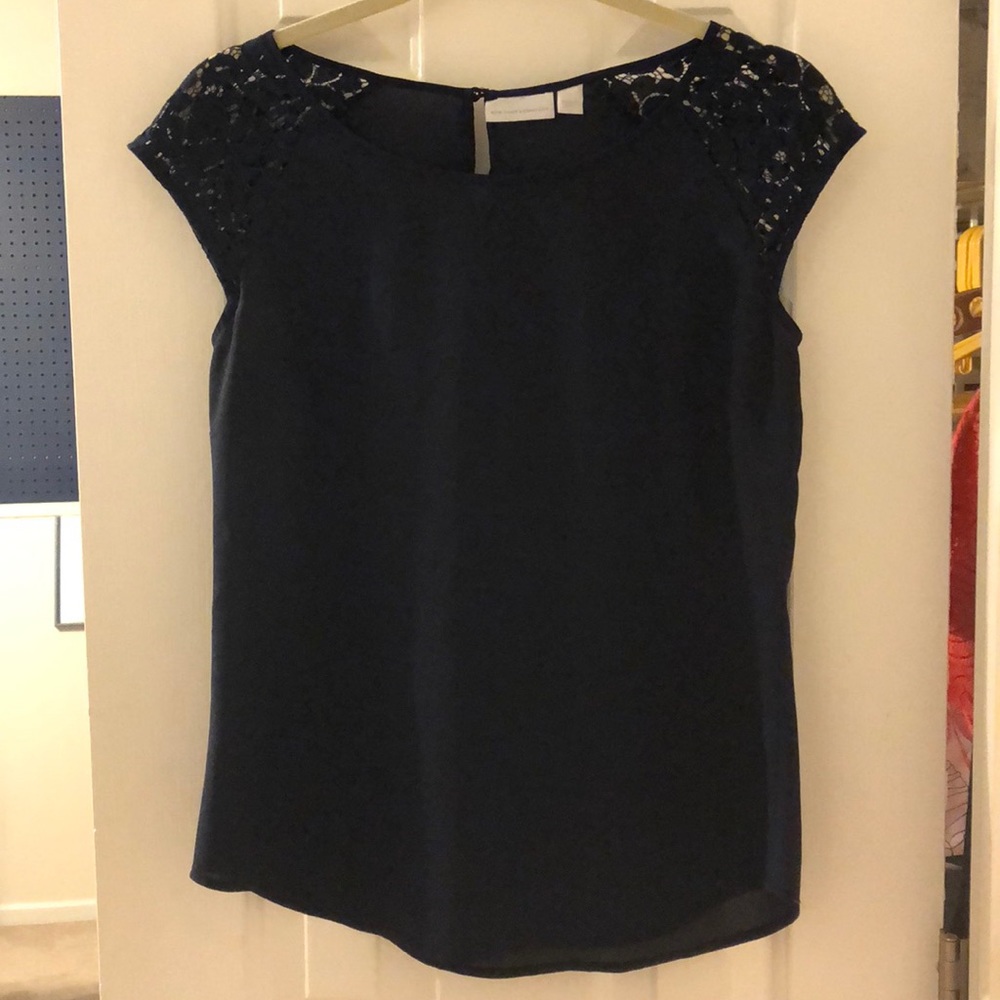 Navy NY & Co Lace Cap-sleeve Blouse with button